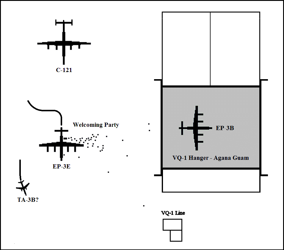 Drawing of VQ-1 Hangar Area showing 1st Lockheed EP-3E 
Arrival Party at NAS Agana Guam - SEP 1974