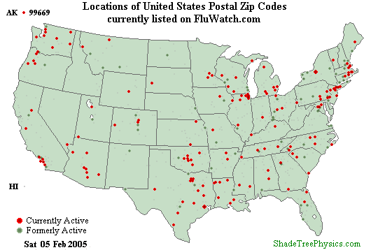 Flu-Watch Zip Codes Week 05-05 Feb 05, 2005