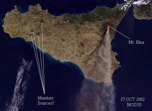 MODIS image of Sicily showing volcanic plume and
separate water plume.