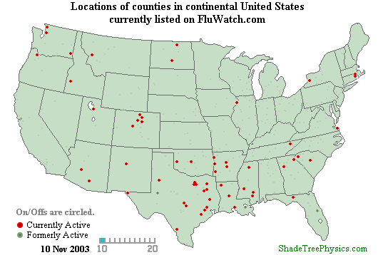 USA Flu-Watch Counties 10-20 Nov 2003